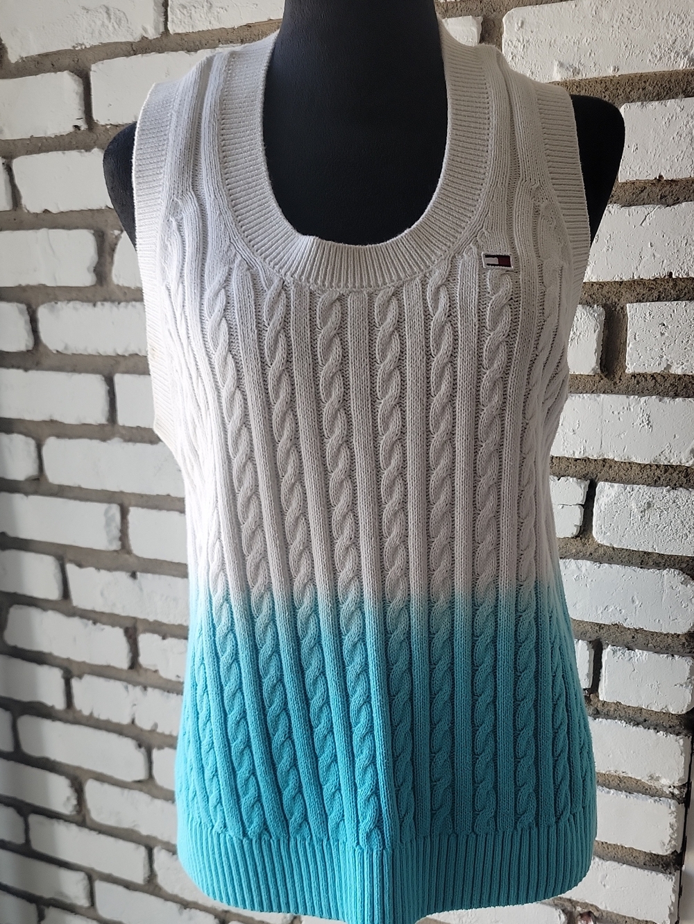 Tommy Hilfiger White Cable-Knit Sweater with Blue Dip Dye - Size XL